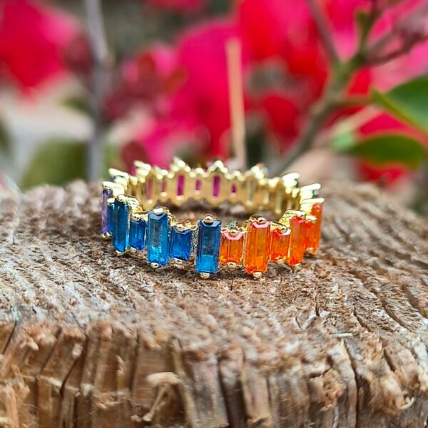 S925 Rectangular Shaped Rainbow CZ Fashion Ring