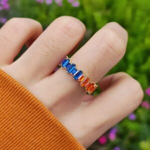 S925 Rectangular Shaped Rainbow CZ Fashion Ring