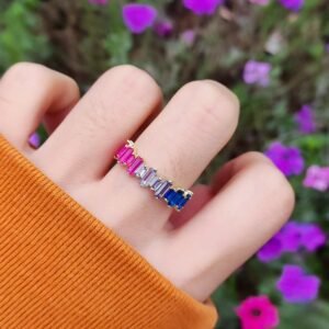 S925 Rectangular Shaped Rainbow CZ Fashion Ring