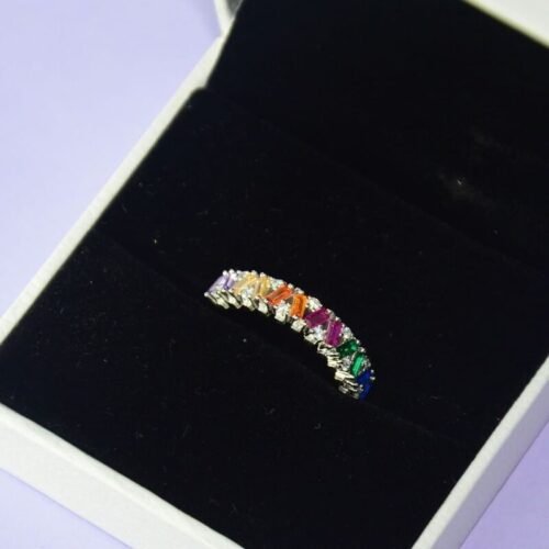Emerald Cut Rainbow CZ Cross Design Band