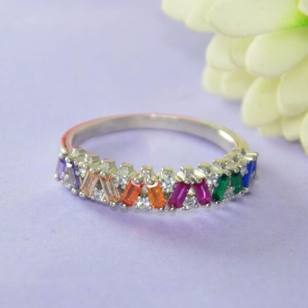Emerald Cut Rainbow CZ Cross Design Band