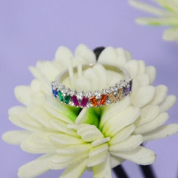 Emerald Cut Rainbow CZ Cross Design Band