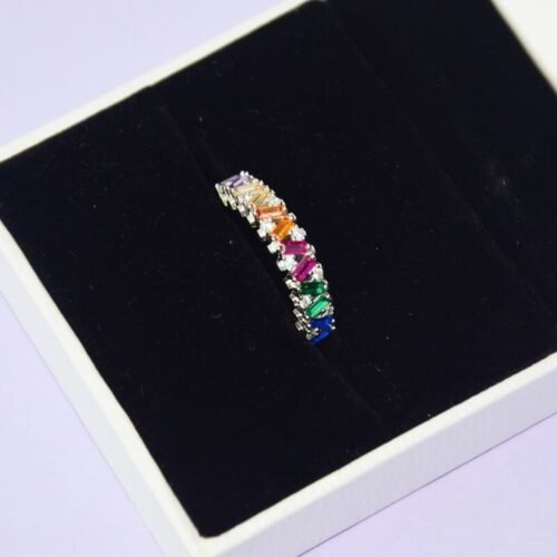 Emerald Cut Rainbow CZ Cross Design Band