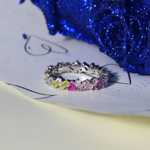 Geometry Rainbow Cubic Zirconia Ring Band