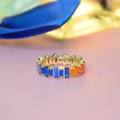 Rectangular Shaped cubic zirconia Rainbow Ring in gold plated