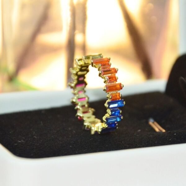 Rectangular Shaped cubic zirconia Rainbow Ring in gold plated