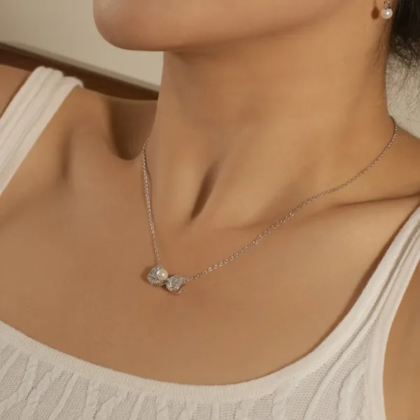 Sterling Silver Pink Bow Cubic Zirconia Jewelry Set With Pearls