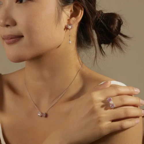 Sterling Silver Pink Bow Cubic Zirconia Jewelry Set With Pearls
