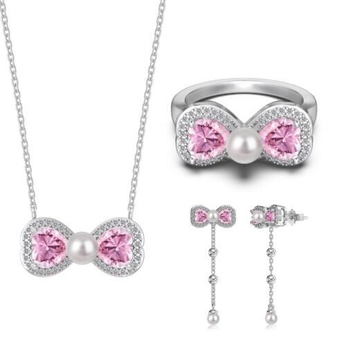 Sterling Silver Pink Bow Cubic Zirconia Jewelry Set With Pearls