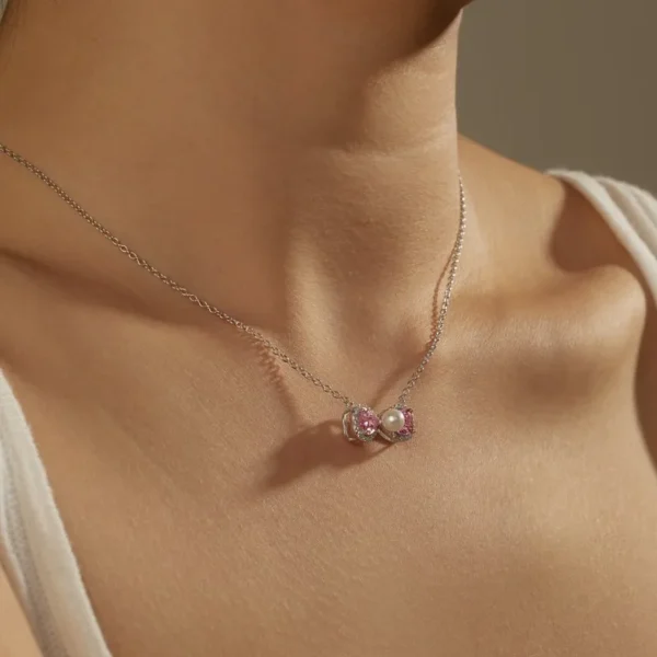 Sterling Silver Pink Bow Cubic Zirconia Jewelry Set With Pearls