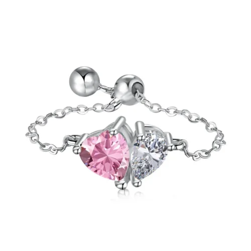 Adjustable Twin Pink Heart Shaped Cubic Zirconia Chain Ring
