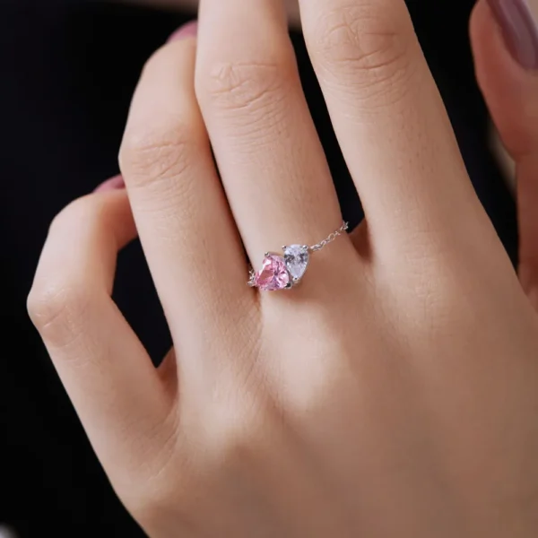 Adjustable Twin Pink Heart Shaped Cubic Zirconia Chain Ring