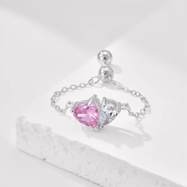 Adjustable Twin Pink Heart Shaped Cubic Zirconia Chain Ring