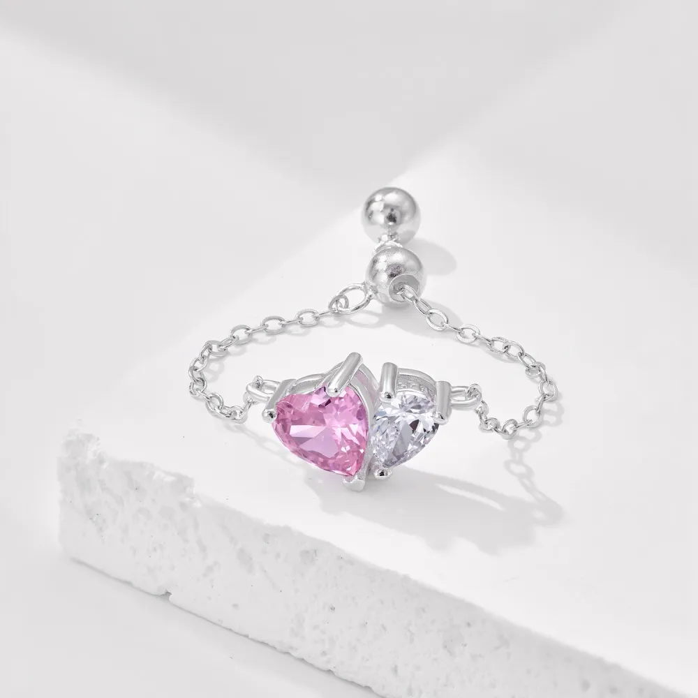 Adjustable Twin Pink Heart Shaped Cubic Zirconia Chain Ring