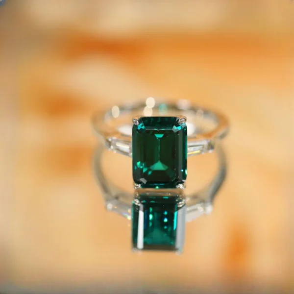 4 CT Emerald Cut Green Moissanite Three Stone Ring 8