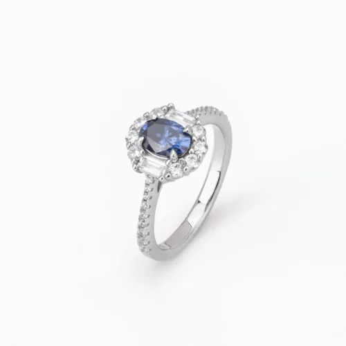 1 CT Oval Blue Moissanite Ring with Halo and Pave Band (4)