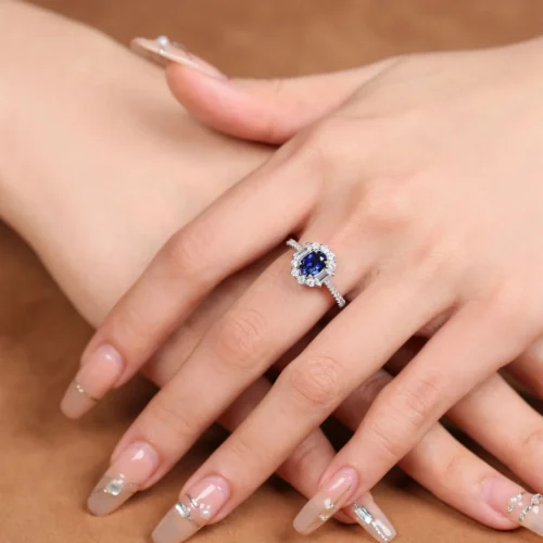 1 CT Oval Blue Moissanite Ring with Halo and Pave Band (4)