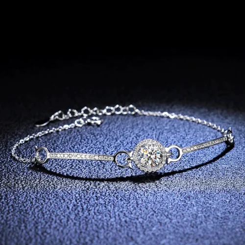 1 Carat Round Halo Moissanite Chain Bracelet