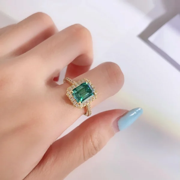 3 CT Halo Band Emerald Cut Green Moissanite Ring (1)