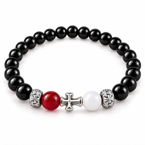 Black Beaded Bracelet with Cross Accents